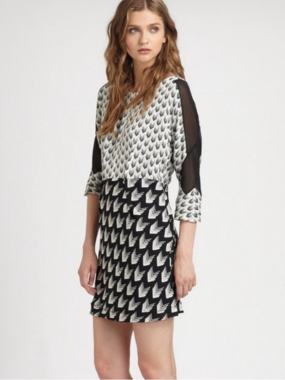 Rag & Bone Gayatri Silk Shift Dress – Black & White Arrow Print – Size XS